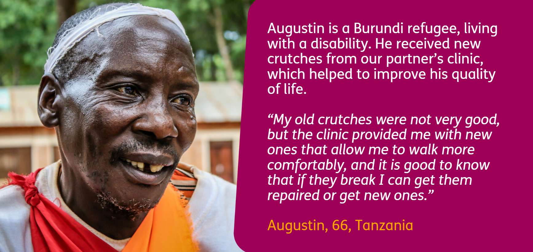 Case study of Augustin, aged 66, who has a disability and received crutches from one of our partner clinics.