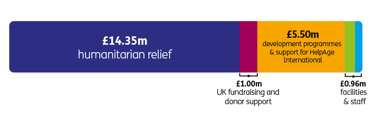 A square pie chart showing £14.35m was spent on humanitarian relief, £1.00m on UK fundraising and donor support, £5.50m on development programmes and support for HelpAge International, and £0.96m on facilities and staff