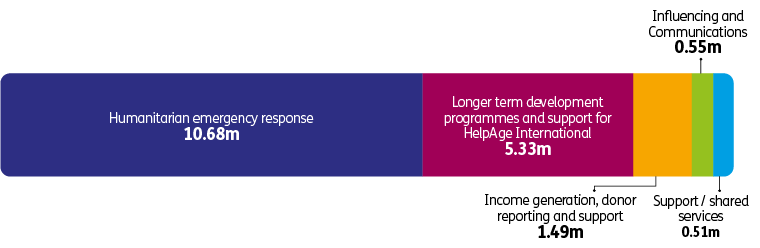 A square pie chart showing £14.35m was spent on humanitarian relief, £1.00m on UK fundraising and donor support, £5.50m on development programmes and support for HelpAge International, and £0.96m on facilities and staff