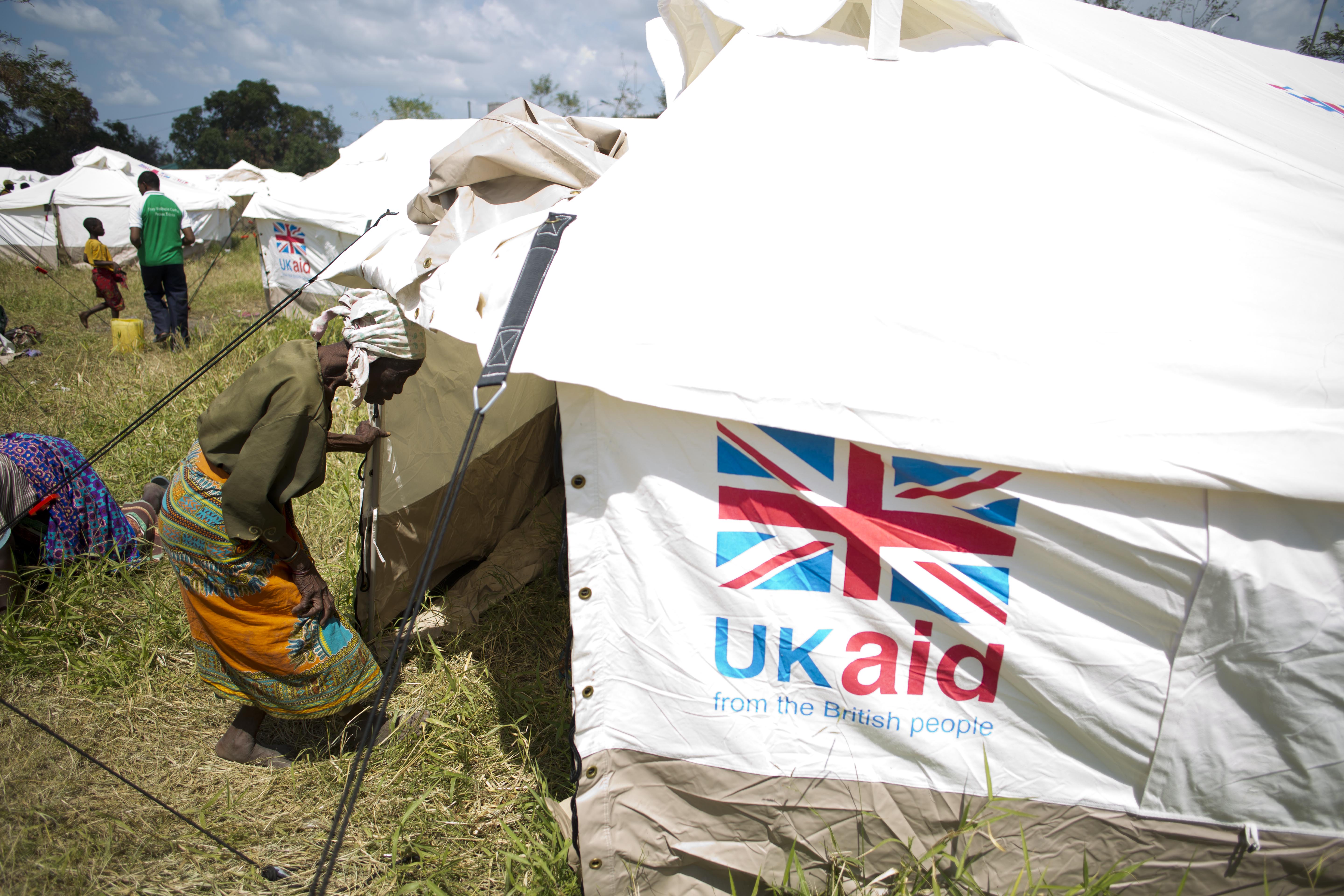 An older woman living in a shelter provided by DFID after Cyclone Idai