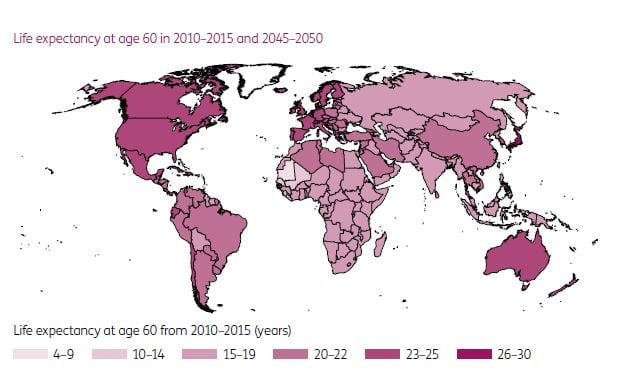 Life expectancy at age 60 in 2010-2015 and 2045-2050